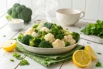 A plate of steamed broccoli and cauliflower garnished with lemon and parsley.