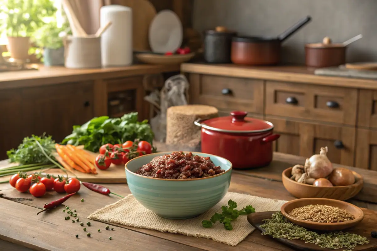 Bowl of steaming red rice with fresh vegetables on a wooden table