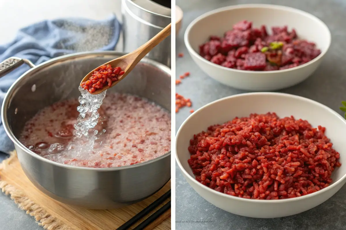 Cooking process of red rice, showing soaking, boiling, and fluffy final grains