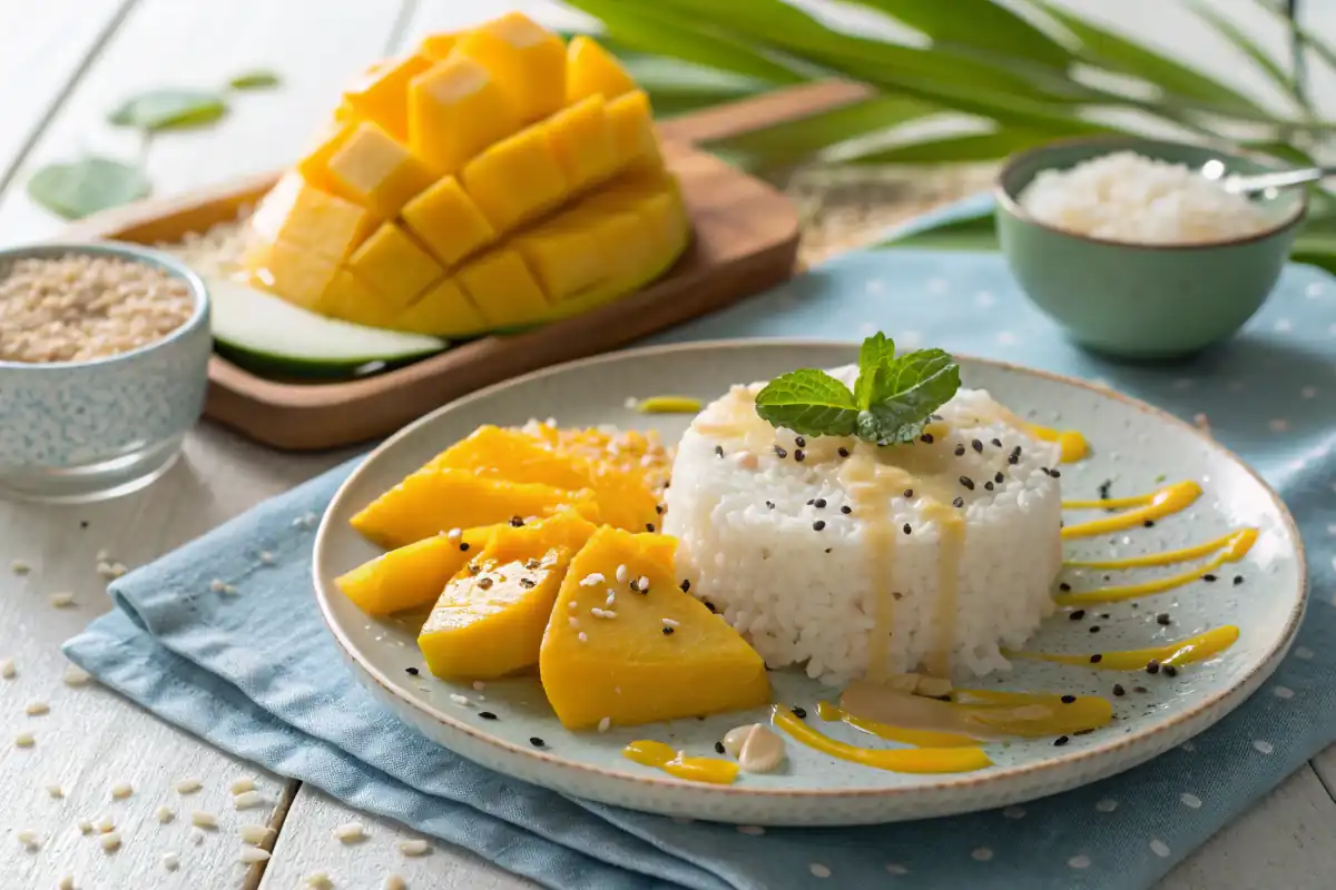 Thai sticky rice with mango and coconut drizzle.