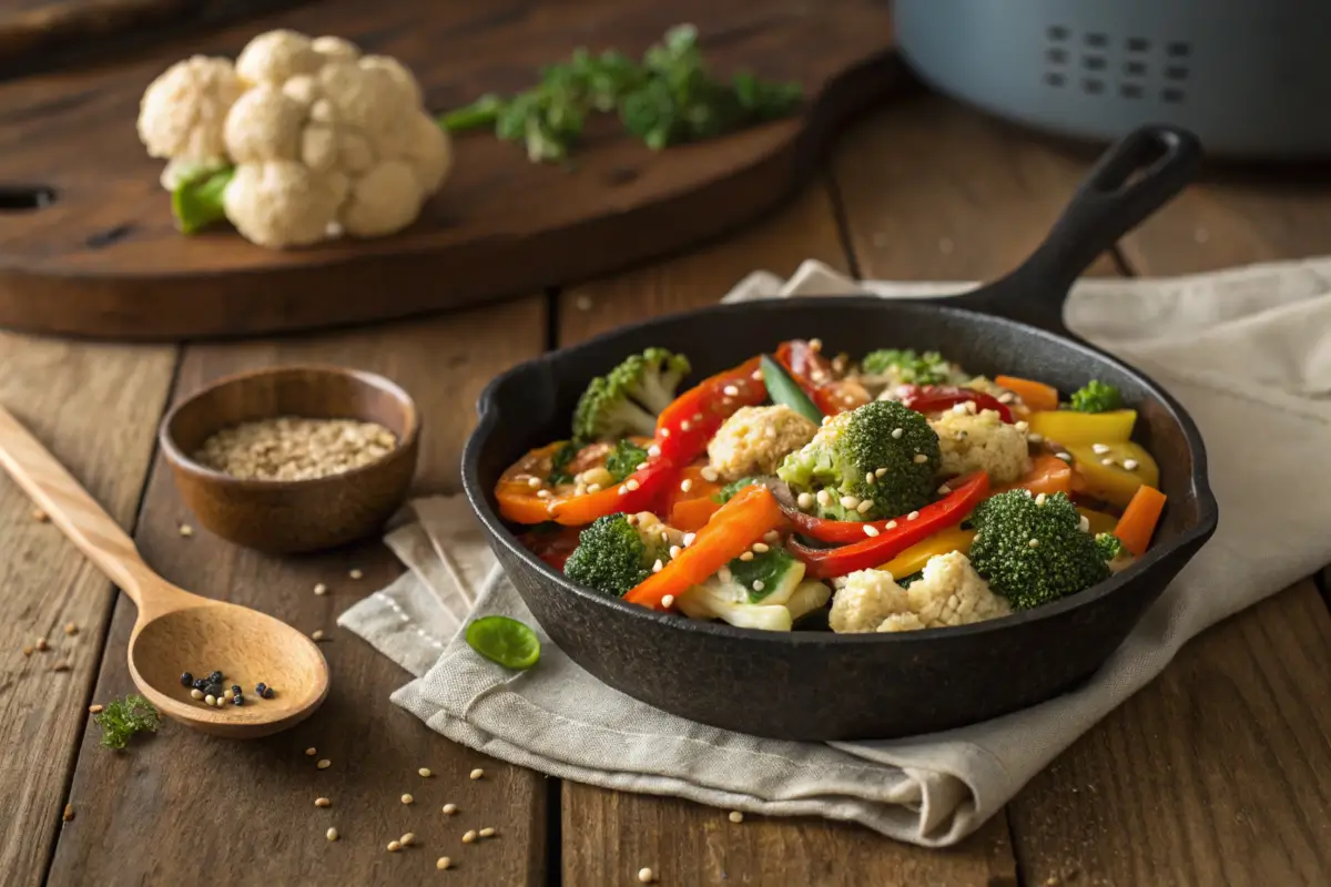 Broccoli and cauliflower stir-fry in a cast-iron skillet with colorful vegetables.