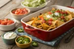 Walking taco casserole with toppings in a baking dish