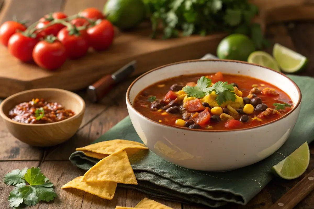 Taco soup frios served with toppings and tortilla chips.