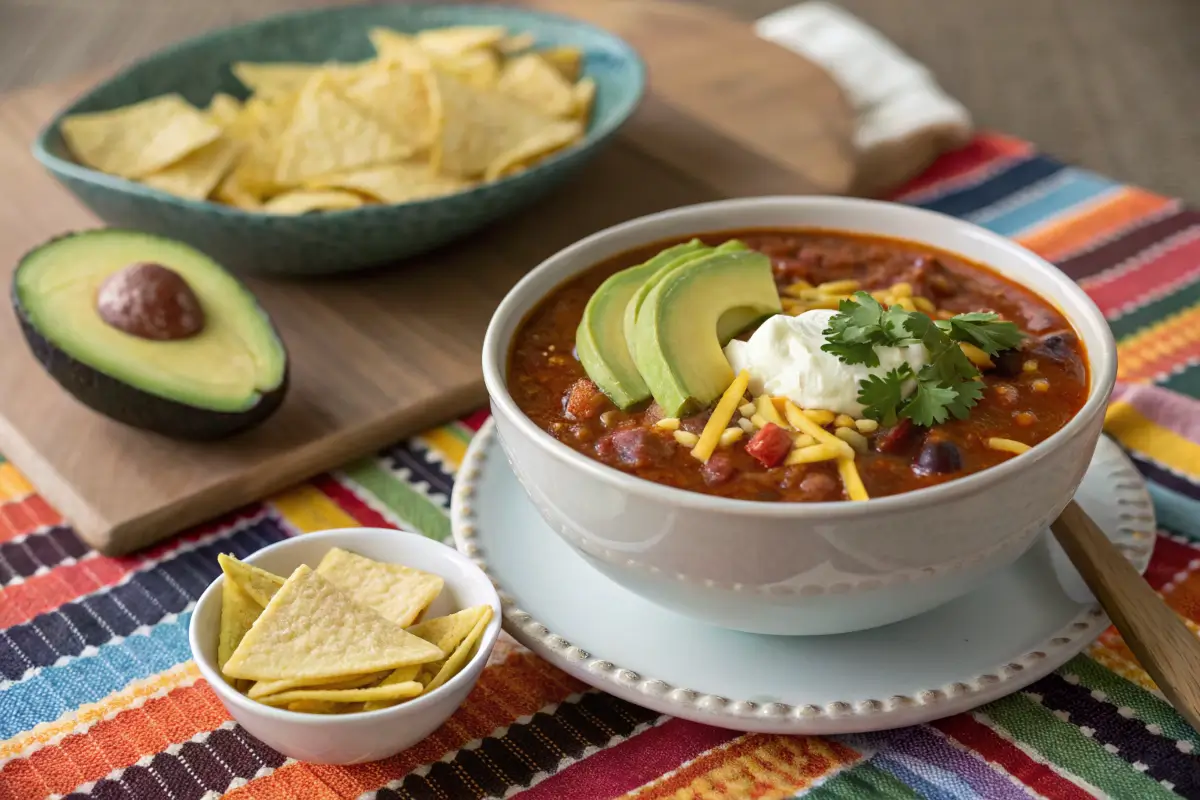 Steaming bowl of taco soup frios with Fritos and garnishes.