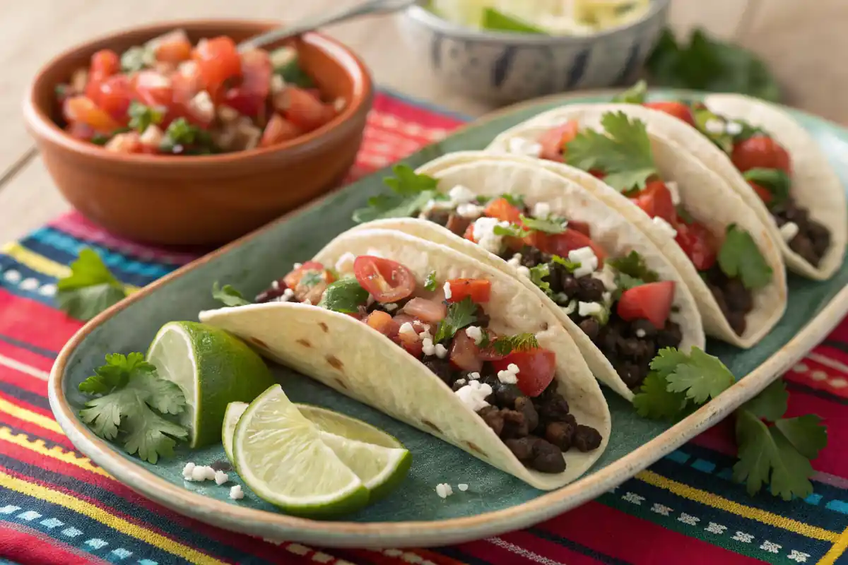 Black bean tacos with salsa, lime, and cilantro.