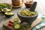 Traditional molcajete made of volcanic rock filled with guacamole.