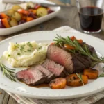 Perfectly plated venison roast with herbs and roasted vegetables