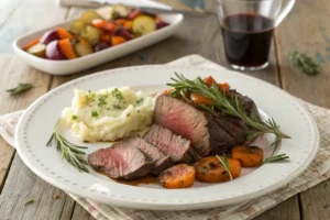 Perfectly plated venison roast with herbs and roasted vegetables