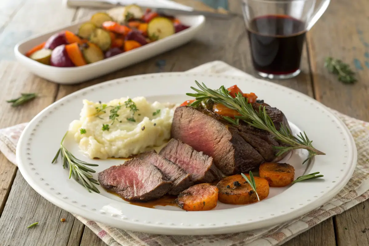 Perfectly plated venison roast with herbs and roasted vegetables