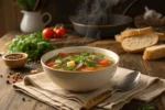 A steaming bowl of soup garnished with fresh herbs