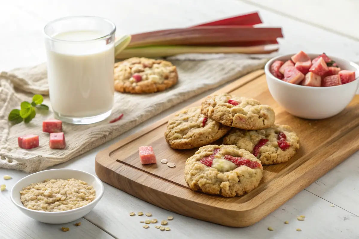 Different variations of rhubarb cookies on a wooden board.