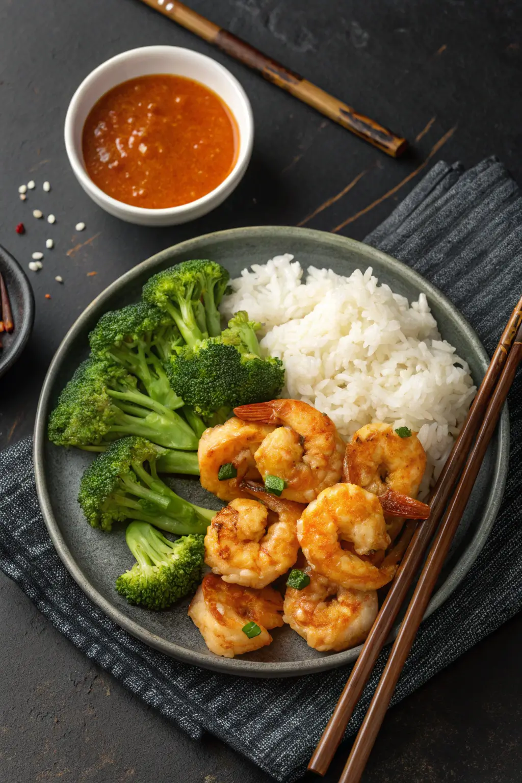 Boom Boom Shrimp served with jasmine rice and steamed broccoli.