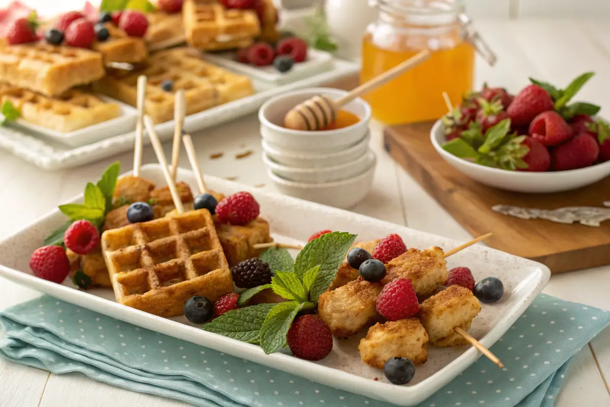 Chicken and Waffle Skewers served on a brunch table