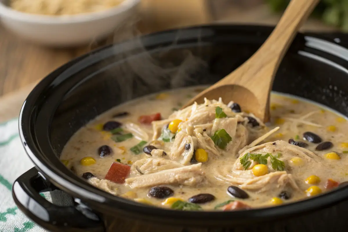 Slow cooker filled with Creamy Chicken Taco Soup.