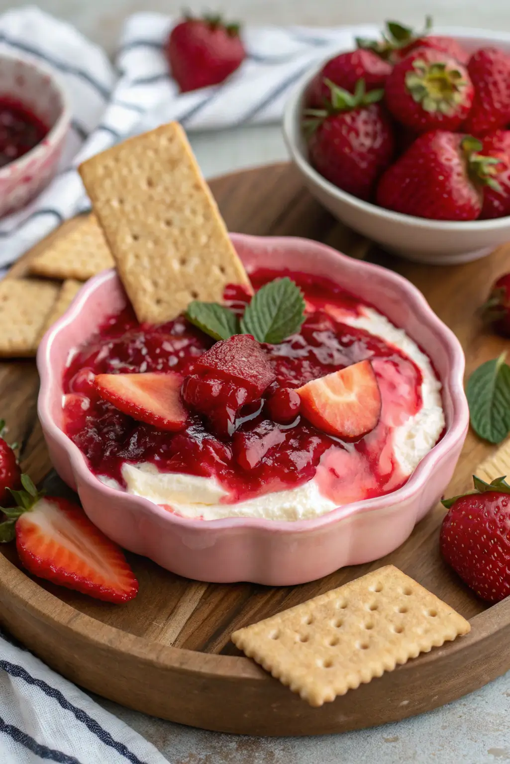 A creamy bowl of Strawberry Cheesecake Dip with fresh strawberries.