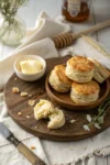 Flaky cream cheese biscuits served with butter and honey.