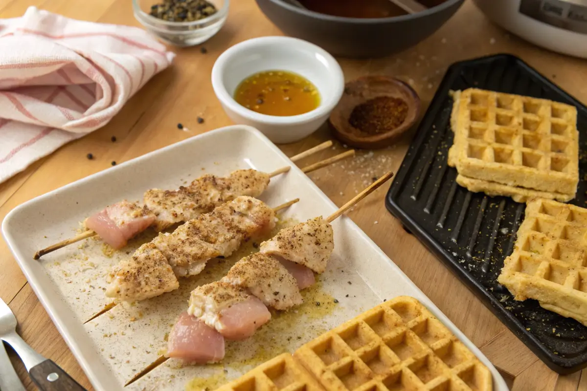 Step-by-step guide to making Chicken and Waffle Skewers