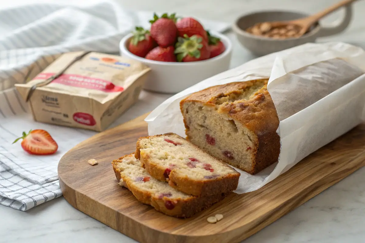 Stored Strawberry Banana Bread wrapped in parchment paper