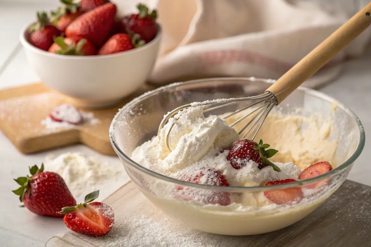 Mixing ingredients for Strawberry Cheesecake Dip in a bowl.