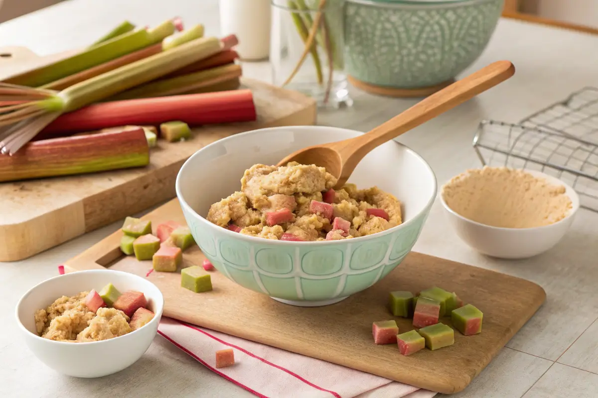 Rhubarb cookie dough being mixed in a bowl