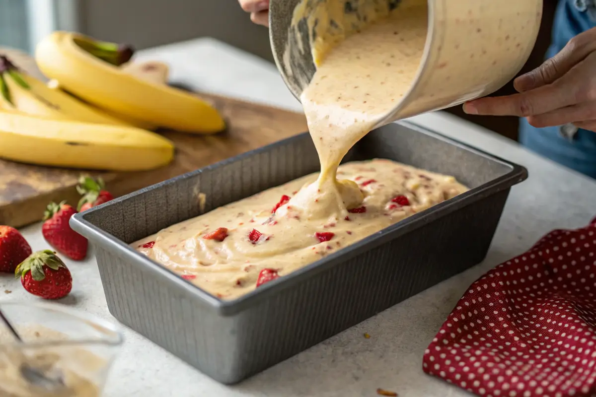 Pouring Strawberry Banana Bread batter into a loaf pan