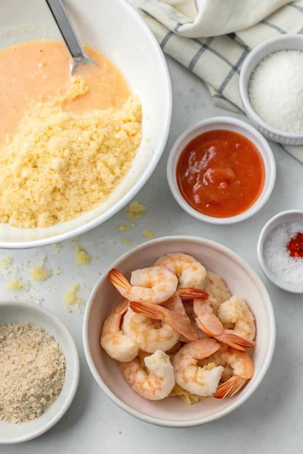 Preparing Boom Boom Shrimp with egg wash and seasoned coating.