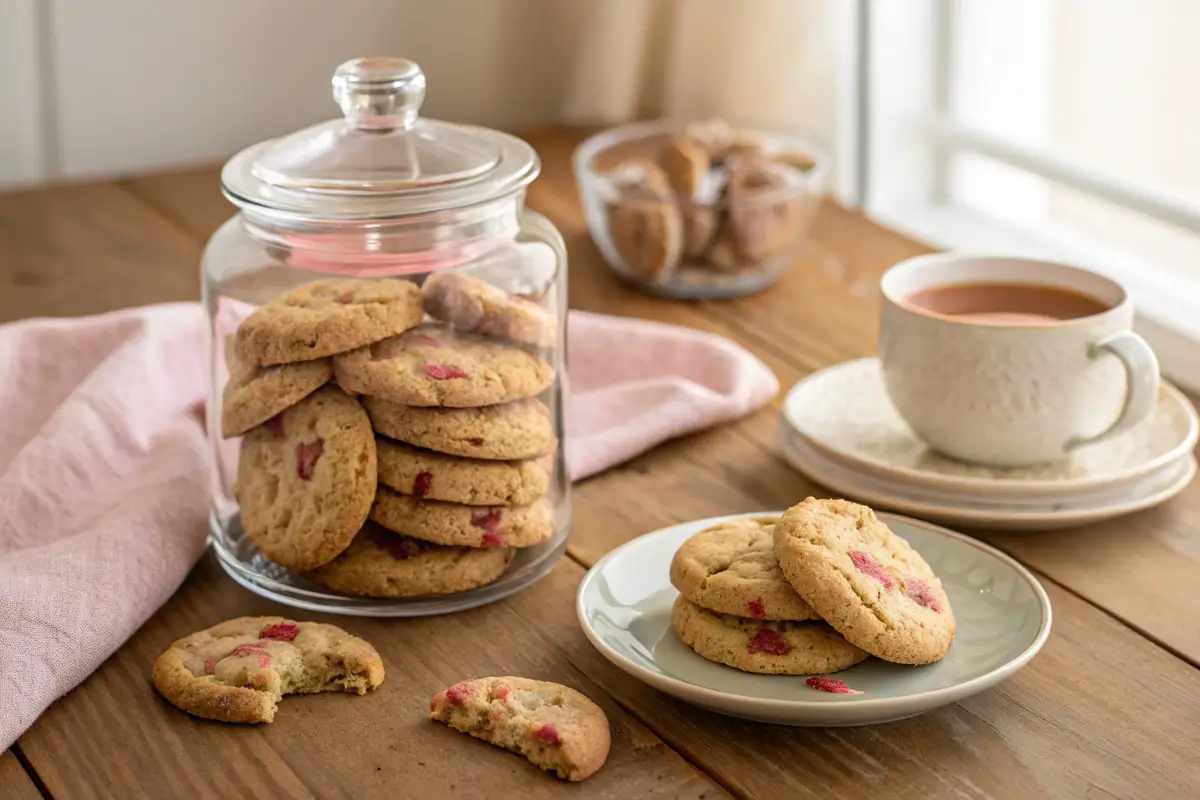 Rhubarb cookies stored in a glass jar on a wooden table.