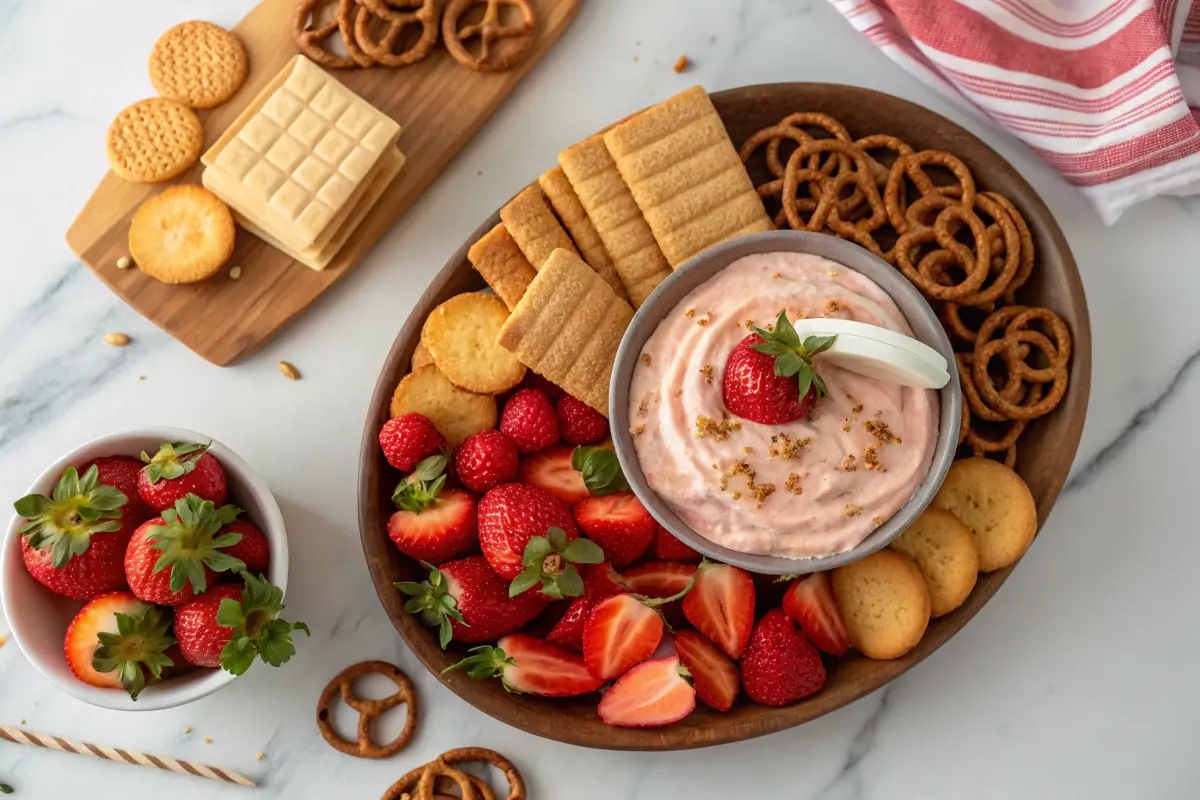 A dessert platter featuring Strawberry Cheesecake Dip with dippers.