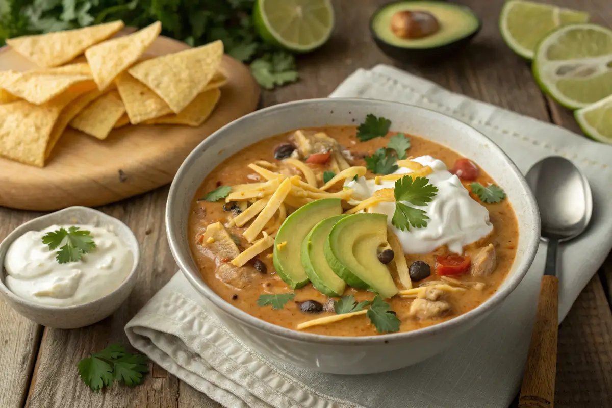 A bowl of Creamy Chicken Taco Soup with toppings and sides.