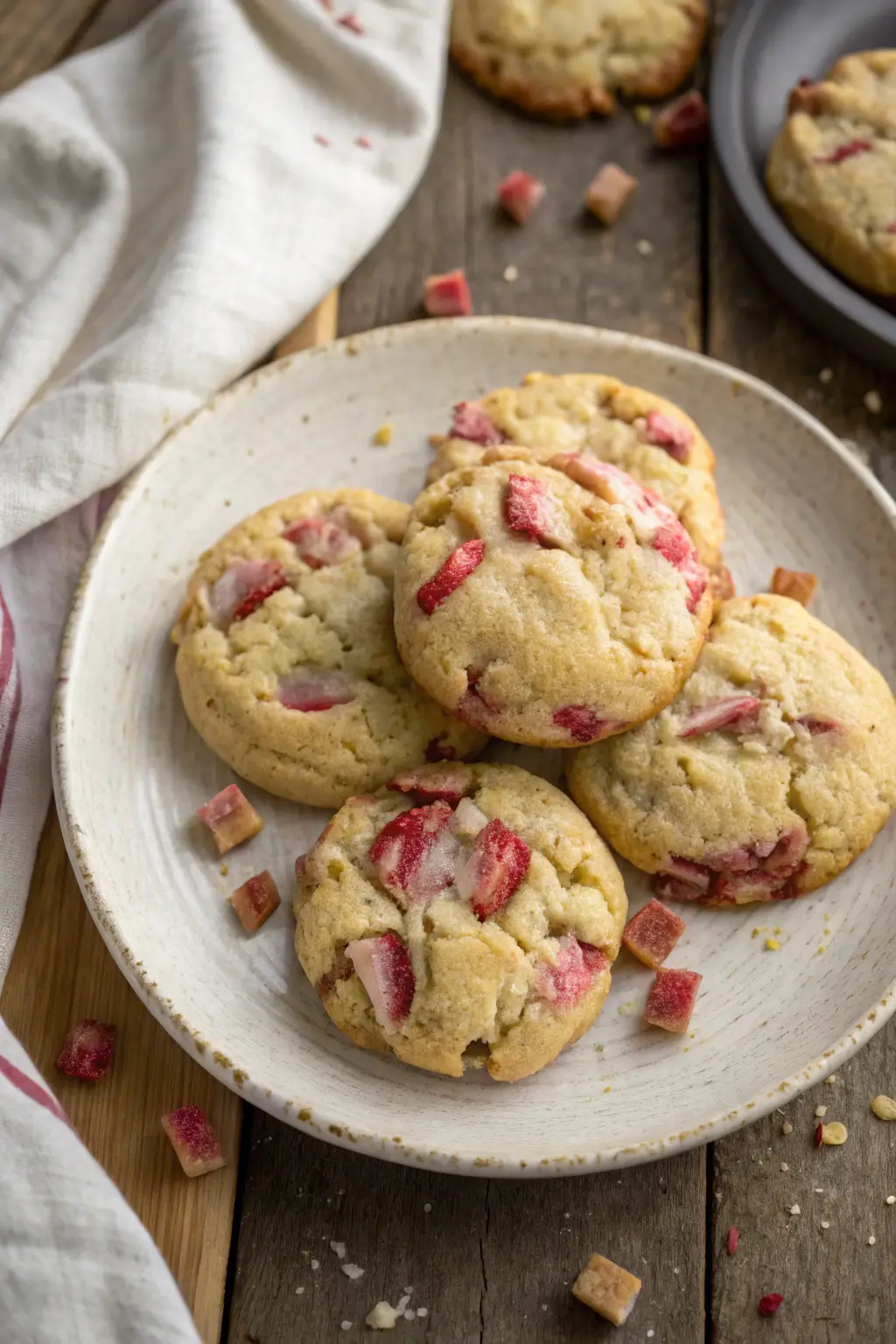 Close-up top-down view of fresh rhubarb cookies on a plate